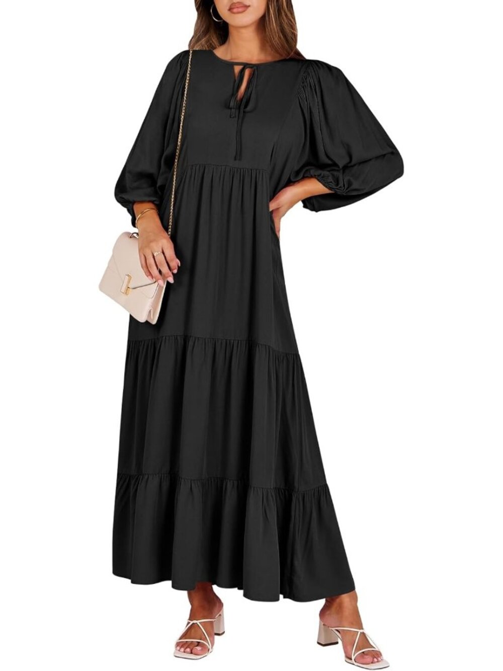 Boho Floral Maxi Dress with 3/4 Puff Sleeves - Perfect for Summer & Vacations